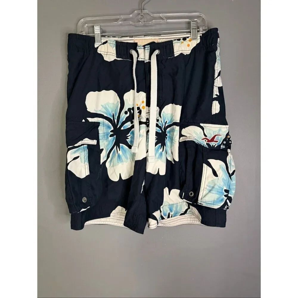 Hollister Navy Blue White Floral Cargo Swim Trunks Hawaiian Board Size 30